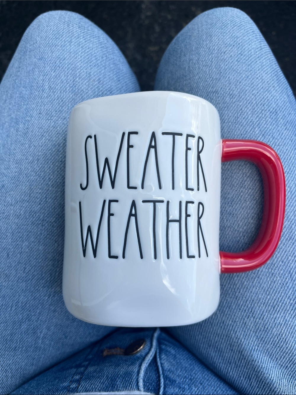 Rae Dunn White Sweater Weather Mug with Red Handle
